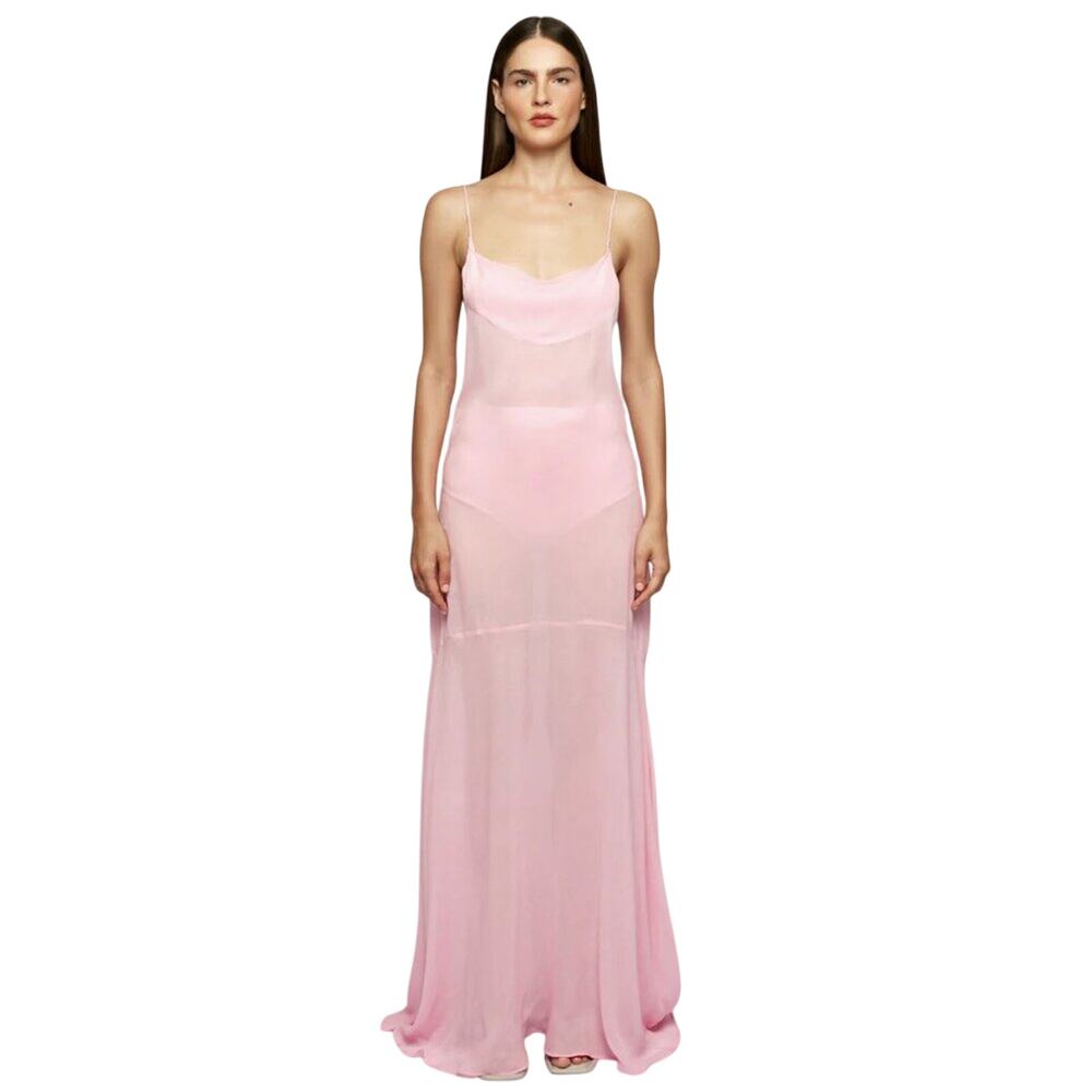 New SWF 2 Pc Sheer Slip Pink Strappy Maxi Dress XS Cowl Neck Elegant & Flowy